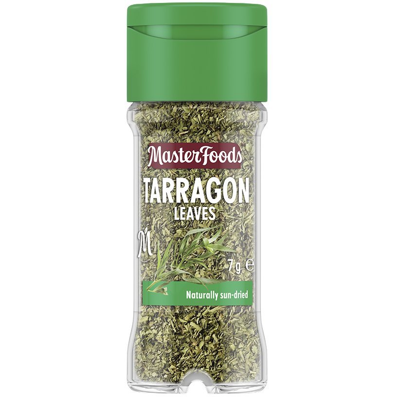 Fresh Masterfoods Tarragon Leaves in a clear container, ready for cooking or garnishing in gourmet dishes.