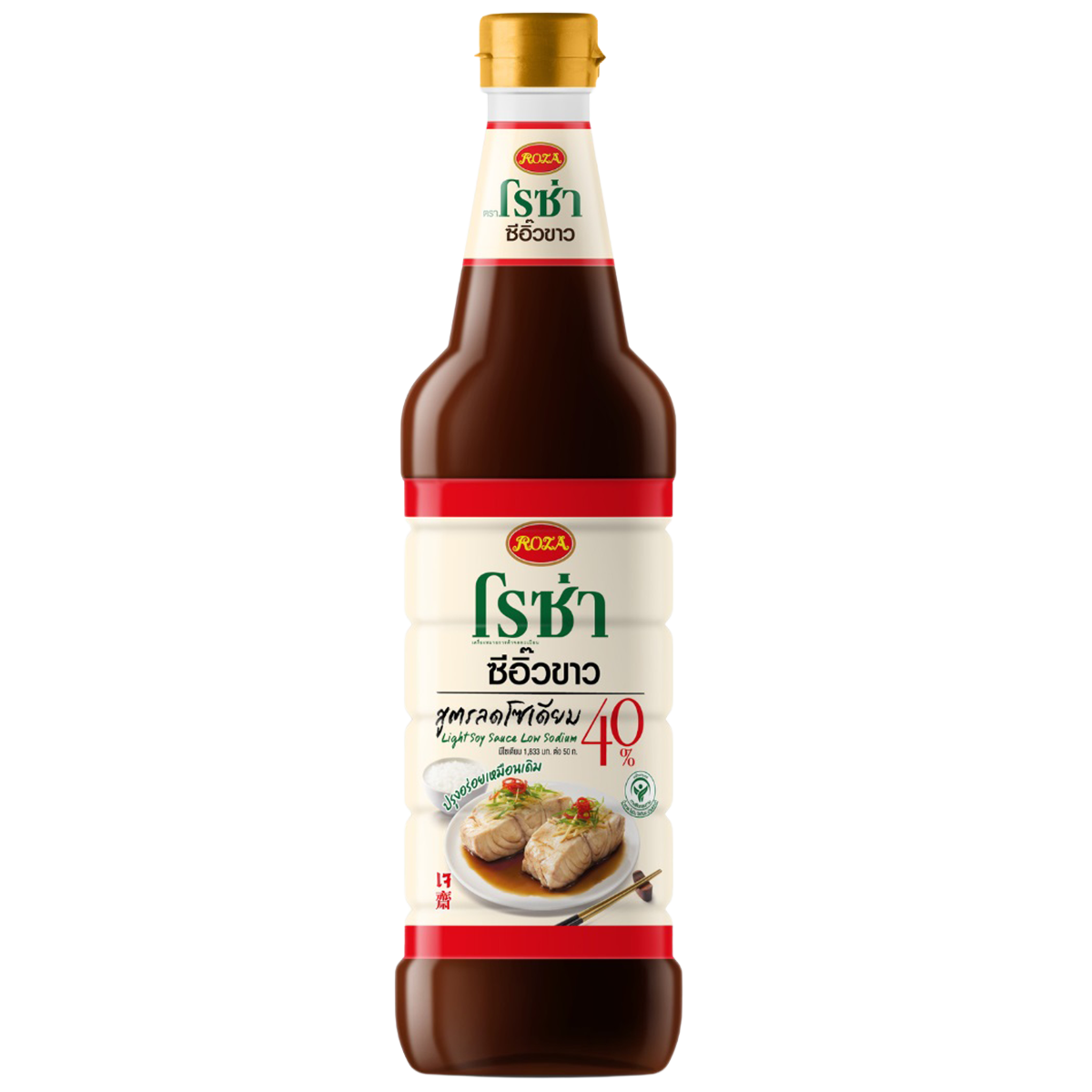 Roza Light Soy Sauce bottle with low sodium 40% label, grocery product, clear view of the soy sauce container and branding.