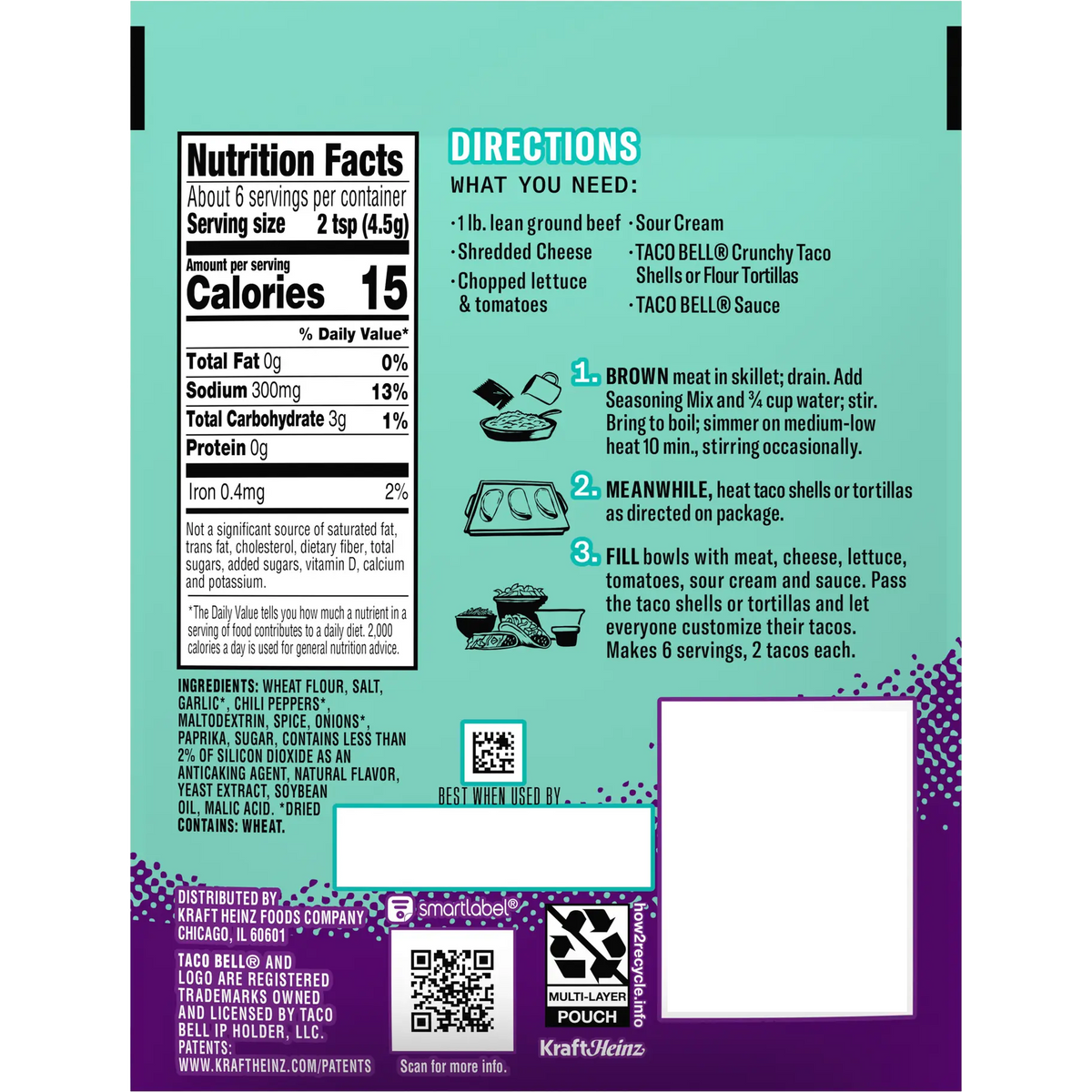 Taco Bell Taco Seasoning Mix in a grocery package, featuring the brand's signature taco spice blend with colorful label.