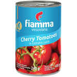 Fiamma Vesuviana Cherry Tomatoes in tomato juice in a glass jar, showcasing vibrant red tomatoes and clear juice inside.