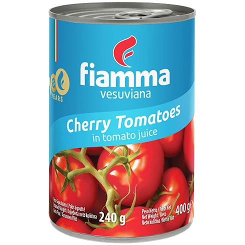 Fiamma Vesuviana Cherry Tomatoes in tomato juice in a glass jar, showcasing vibrant red tomatoes and clear juice inside.
