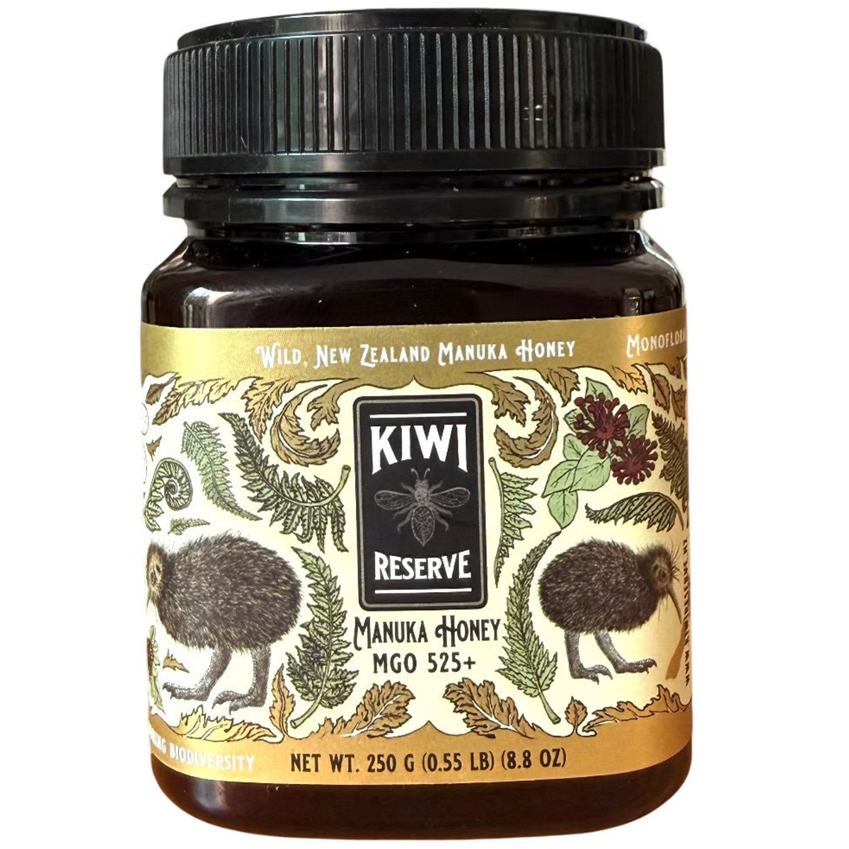 Jar of Kiwi Reserve NZ Monofloral Manuka Honey MGO 525+ with golden honey visible in a glass jar.