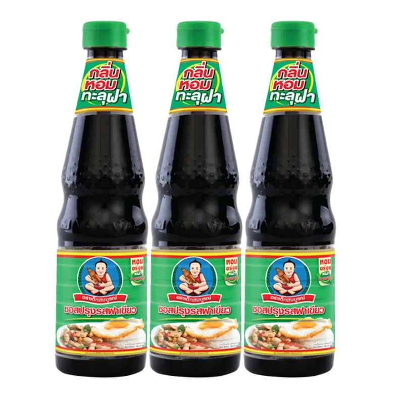Three 600ml bottles of DEK SOM BOON Boon Seasoning in clear plastic bottles with labels, used for dry grocery cooking.