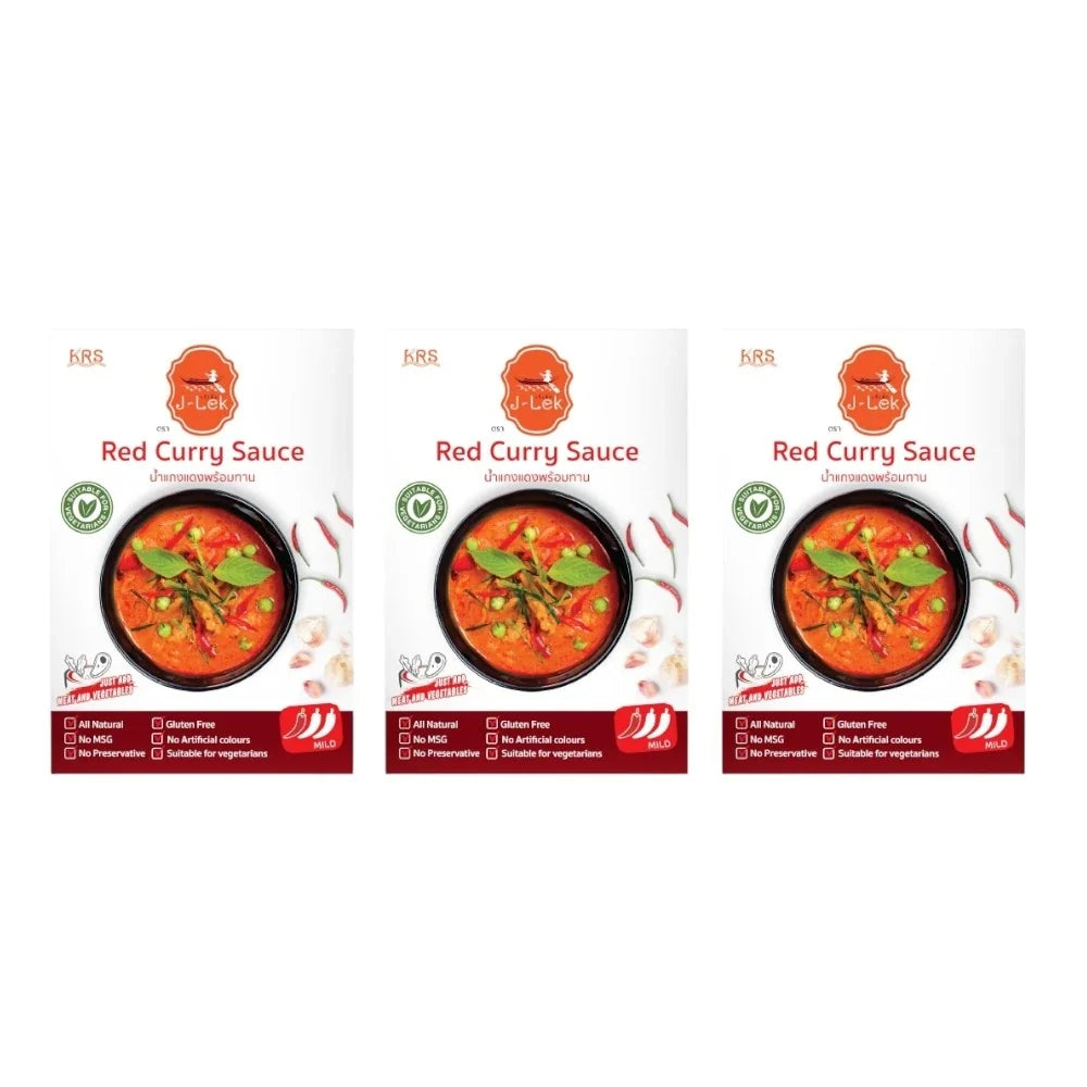 J-LEK Jae Lek Red Curry Paste Packets, 250g, dry grocery, vibrant red Thai curry paste with traditional Thai flavor in a sealed packet.