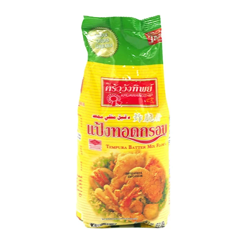 Kruawangthip Tempura Flour 1kg package, dry grocery product with a white bag featuring blue and red branding and product details.