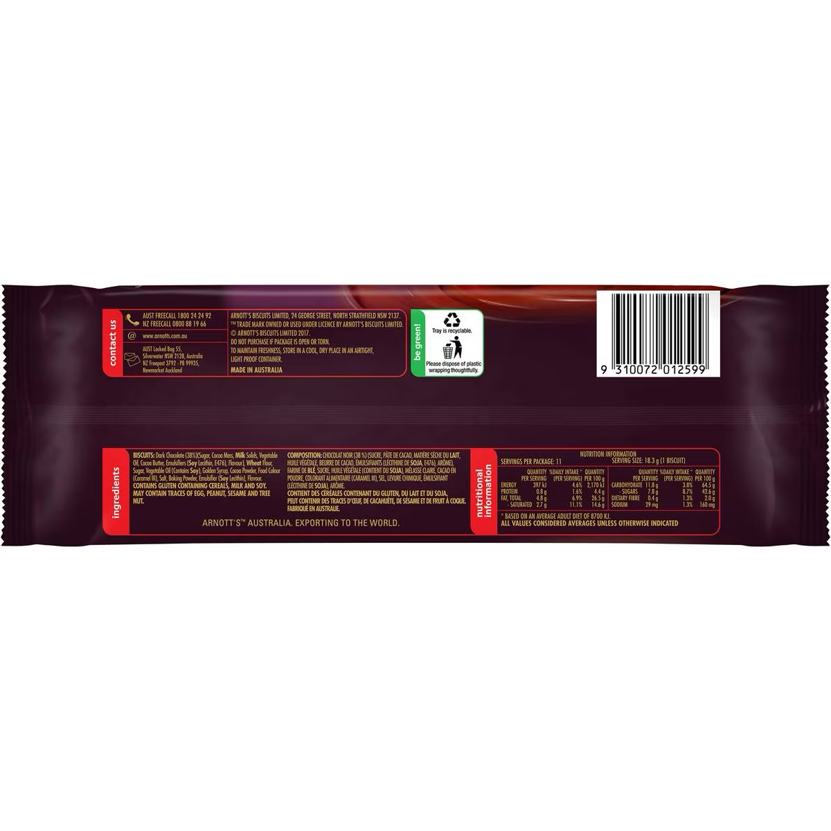 Arnott's Tim Tam Dark Chocolate Biscuits, chocolate-coated confectionery snacks with a rich dark chocolate flavor.