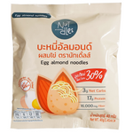 Dried egg almond noodles from Nut-Dles, showcasing the package with visible noodles and fresh almonds on a white background.
