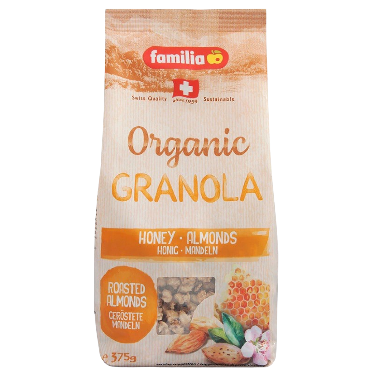 Familia Bio organic honey almond jar showing golden honey with almond pieces, packaging with natural and organic labeling.