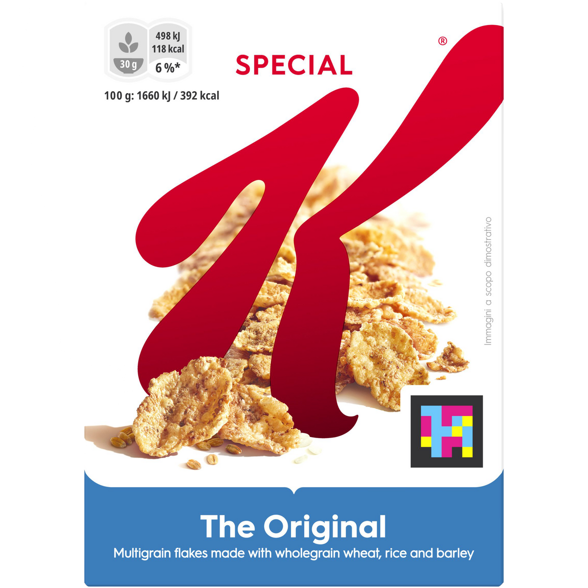 Kellogg's Special K Classic cereal box with a bowl of cereal and milk on a white background