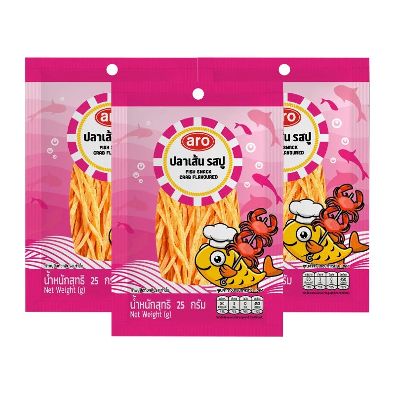 ARO Fish Snack Crab Flavor, 25g pack, three servings of crunchy seafood snack in dry grocery and snack confectionery.