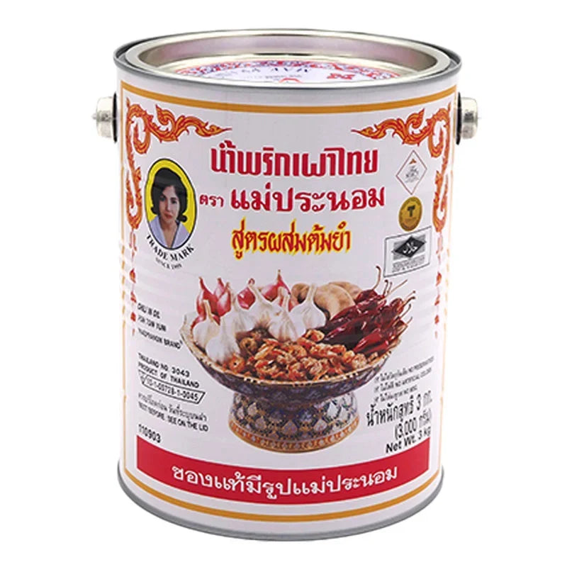Maepranom Chili Paste Tom Yum in a 3kg package, showing the vibrant red chili paste in a clear container for dry grocery use.