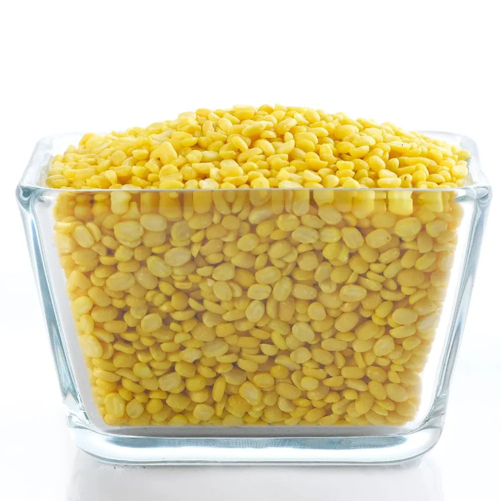 Flying Tiger mung beans split in halves, 5kg dry grocery product, showing fresh green mung beans in a clear container.
