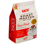 Ucc Roast Master House Blend drip coffee in a clear glass cup, showcasing rich dark coffee with a smooth surface.