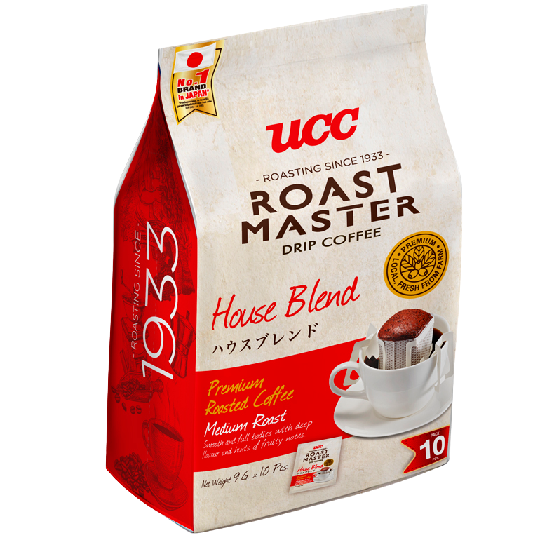 Ucc Roast Master House Blend drip coffee in a clear glass cup, showcasing rich dark coffee with a smooth surface.