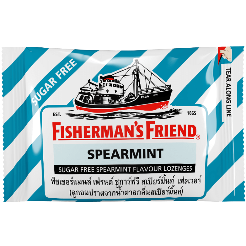 Fisherman's Friend Spearmint Sugar Free healthy confectionery snack in a colorful wrapper.