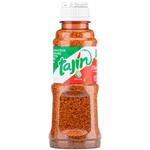 Tajin Clasico Seasoning in a spice jar, featuring bright red chili powder and tangy seasoning for enhancing dishes.