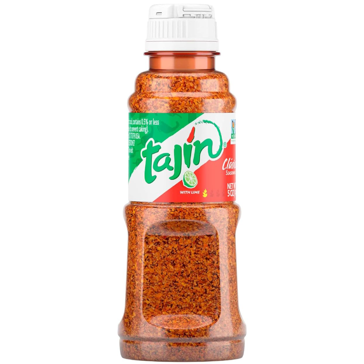 Tajin Clasico Seasoning in a spice jar, featuring bright red chili powder and tangy seasoning for enhancing dishes.