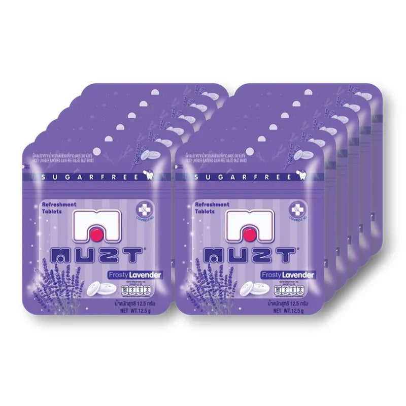 Muzt Sugar-free Lozenges Frosty Lavender packaging showing 12.5g lozenge pack for dry grocery and snack confectionery.