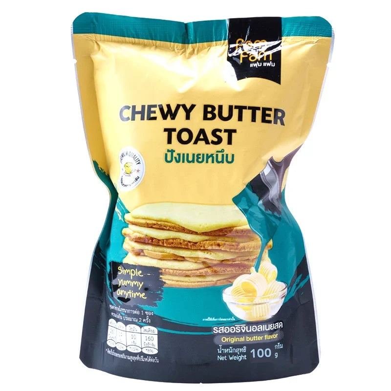 Makro FAM Chewy Butter Toast snack, 100g, featuring golden-brown toasted bread with a chewy butter coating.