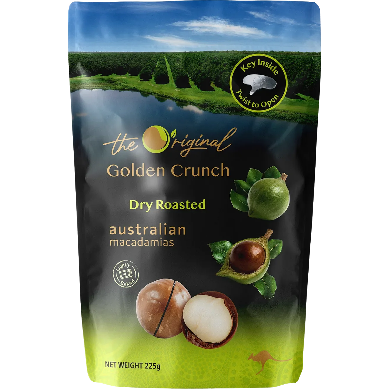 Dry roasted golden crunch macadamias by The Original, a flavorful confectionery snack with crunchy, golden-brown nut pieces.