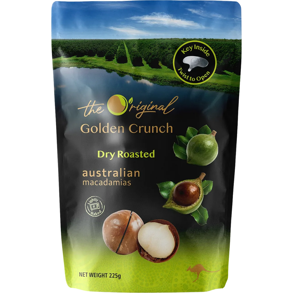 Dry roasted golden crunch macadamias by The Original, a flavorful confectionery snack with crunchy, golden-brown nut pieces.