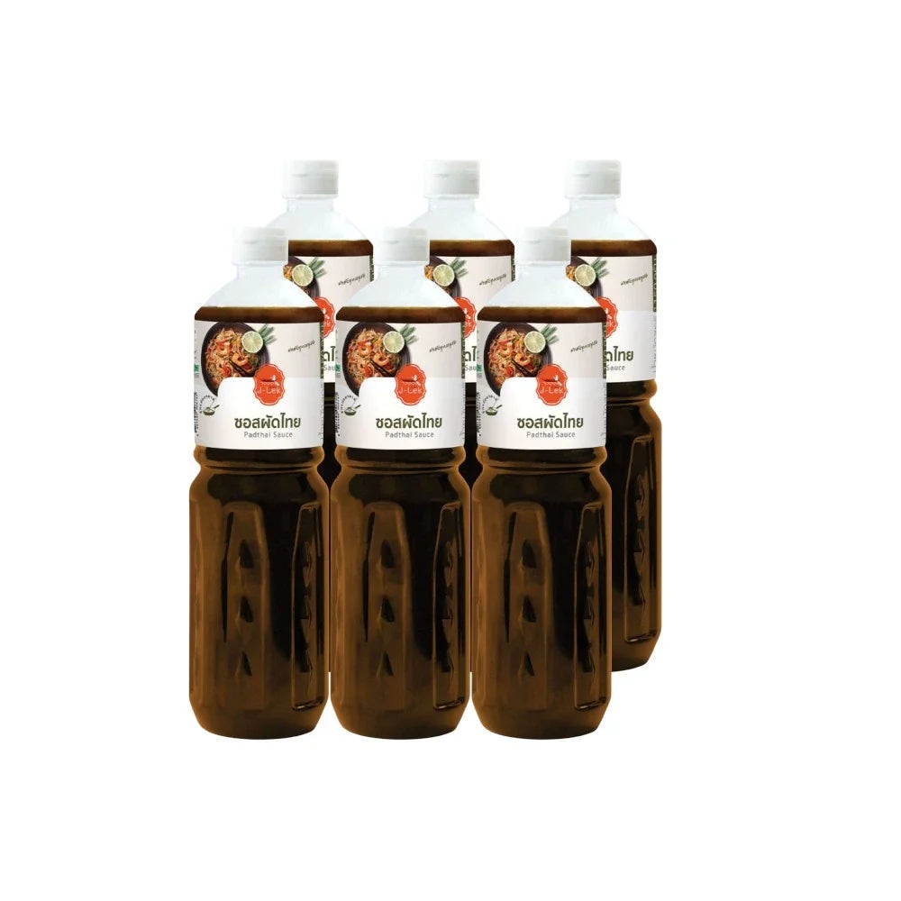 J-LEK Pad Thai sauce bottles, 1150g, in clear bottles with labels, used for preparing authentic Thai-style stir-fry dishes.