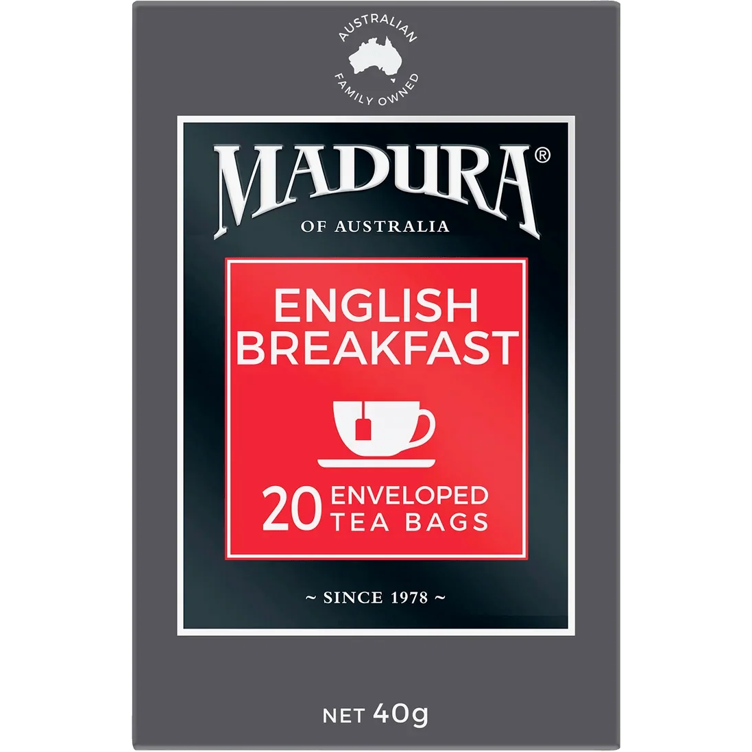Madura English Breakfast tea bags in a box, ready for brewing, with classic packaging and tea leaves visible.