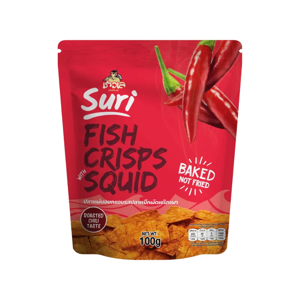 Chaolay Fish Crisps with Squid, 100g pack, featuring crispy seafood snack in a colorful package, six packs shown.