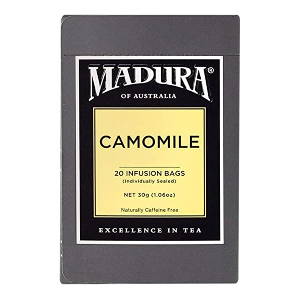 Madura camomile tea bags, caffeine-free drink with chamomile flowers in a box, ready for brewing.