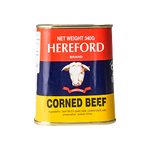 Canned Hereford Corned Beef in a labeled metal can, ready for grocery shopping and meal preparation.