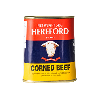 Canned Hereford Corned Beef in a labeled metal can, ready for grocery shopping and meal preparation.