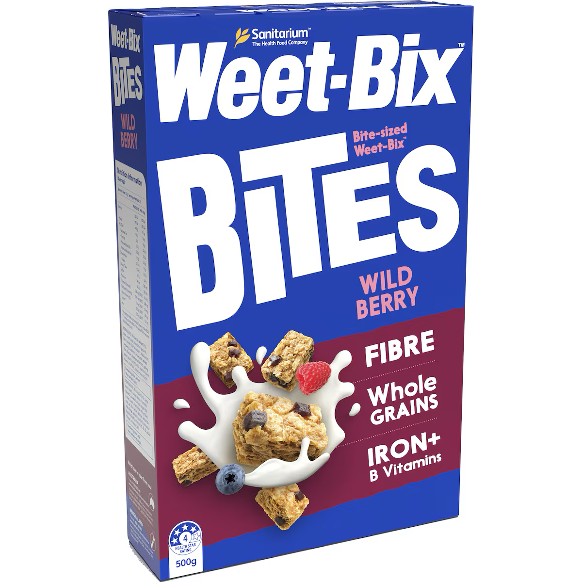 Sanitarium Weet Bix Bites Wild Berry breakfast cereal in a bowl with berries and milk, ready to eat.
