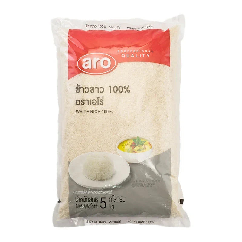 Bag of ARO White Rice 100%, 5kg, dry grocery product with white rice grains in a clear plastic bag.