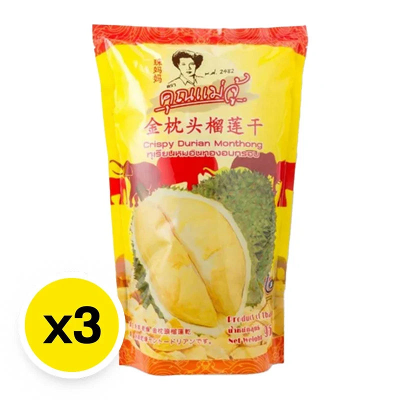 Khunmaeju Crispy Durian Monthong snack, 95g x3, Thai durian-flavored dry grocery snack in a colorful package.
