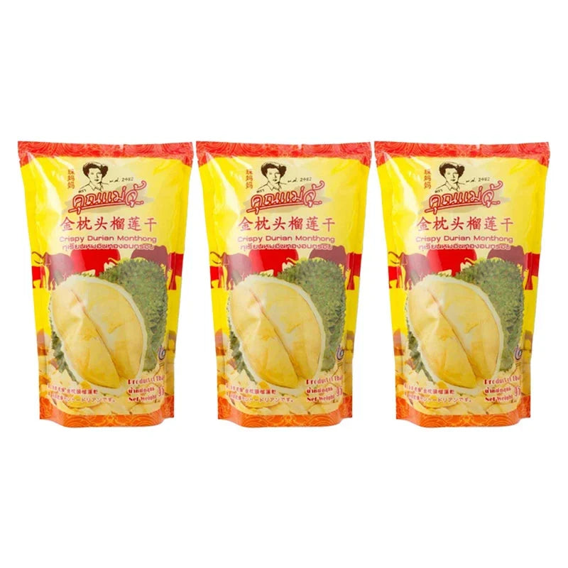 Khunmaeju Crispy Durian Monthong snack pack, 3 x 95g, Thai dried durian confectionery from Khunmaeju.