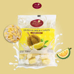 Sriwanna durian flavored milk candy snack in 110g packaging, showing the colorful wrapper and durian-themed design.