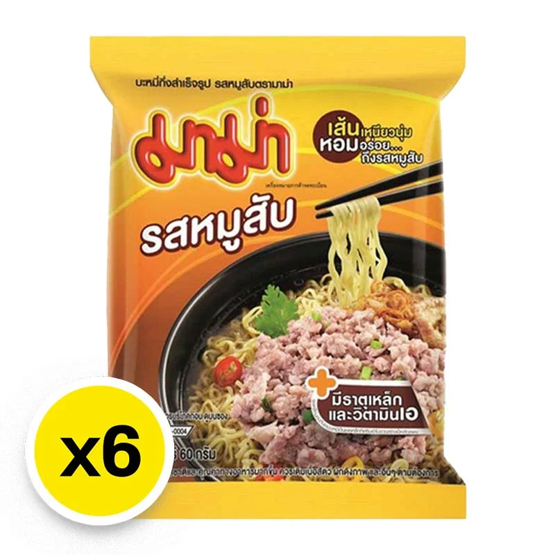 Pack of Mama Instant Noodles Minced Pork Flavor, 60g x10, dry grocery product with flavorful noodle packs in a clear image.