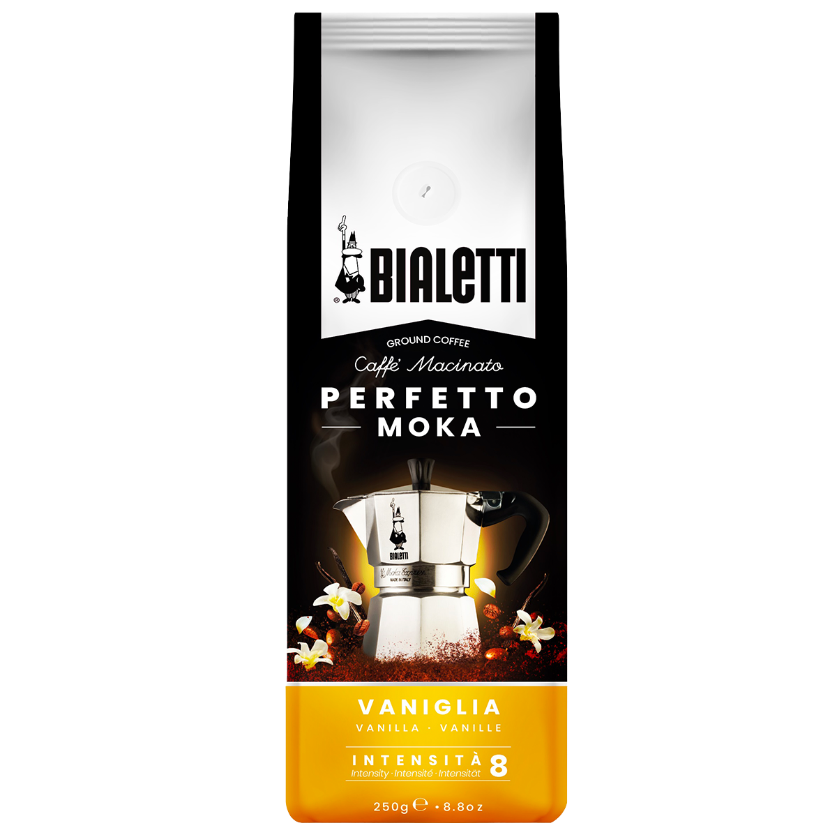 Bialetti Vaniglia drink in a clear glass, showing its creamy vanilla flavor with a smooth, inviting appearance.