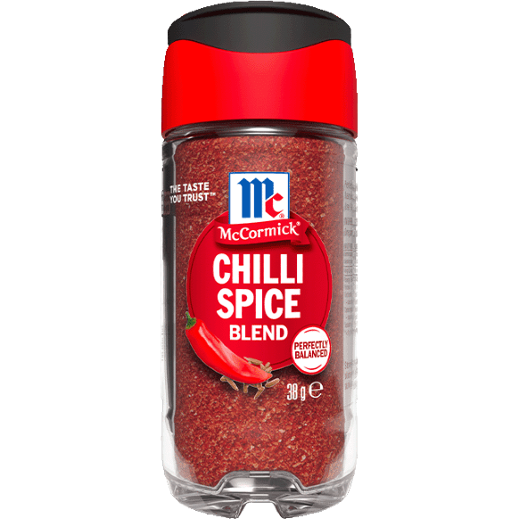 McCormick chili spice blend in a jar, showing vibrant red chili powder and spices, for flavorful cooking and seasoning.