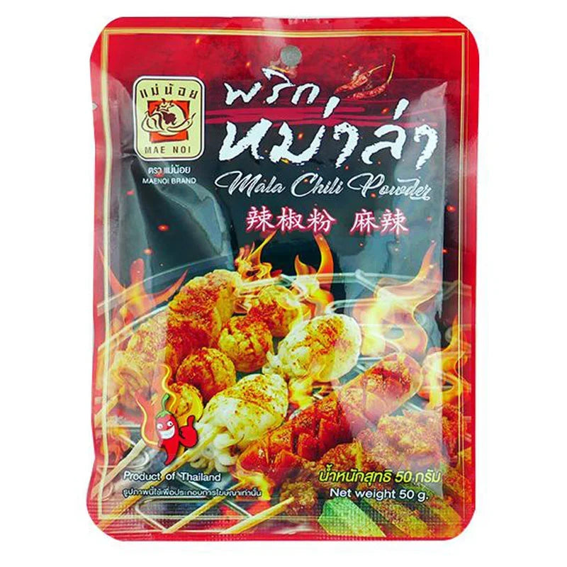 MAE NOI Mala Chili Powder in 50g packet, dry grocery product featuring vibrant red chili powder for cooking and seasoning.