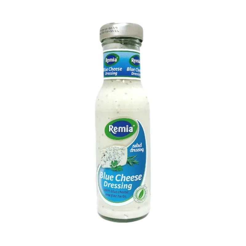 Remia Blue Cheese Salad Dressing 250ml bottle, creamy blue cheese flavor, ideal for salads and dressings in dry grocery section.