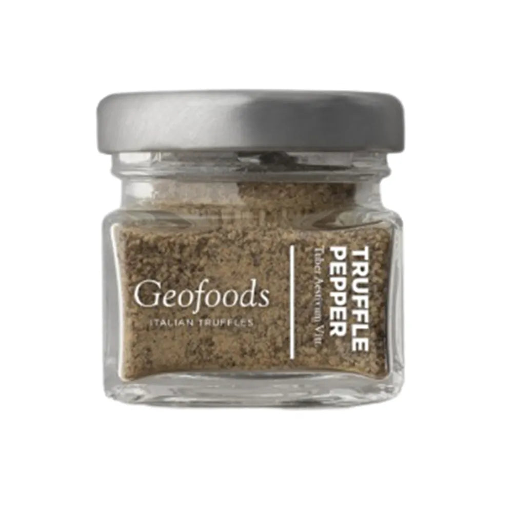 GEO Foods Truffle Pepper 20g jar with black pepper and truffle pieces, dry grocery spice for enhancing dishes