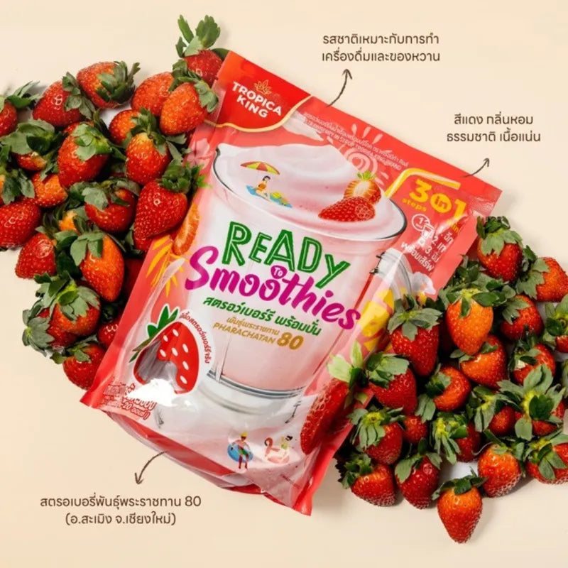 Tropica King Strawberry Ready To Blend Packs, 230g x4, dry grocery product with vibrant strawberry flavor and packaging.