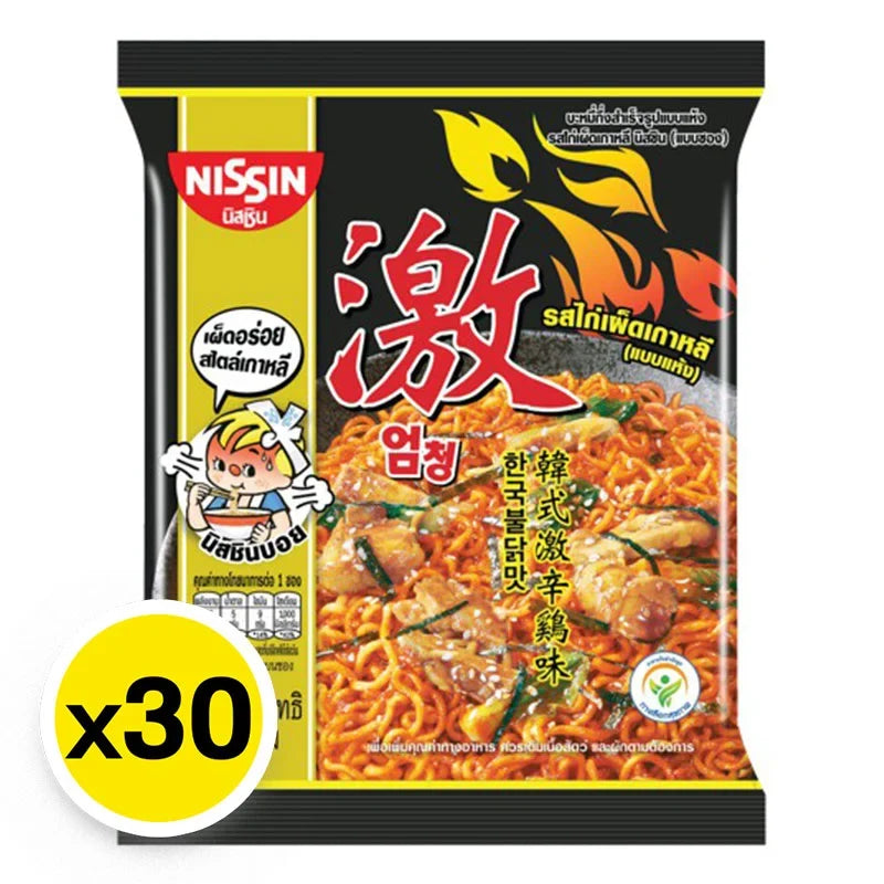 NISSIN Premium Bag Korean Hot Chili Chicken dry grocery snack, 60g packet, spicy flavor, 30 packs in the box