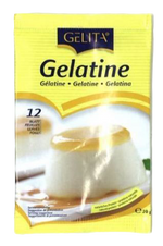 Gelita White Leaf Gelatine sheets for cooking and baking, shown in a close-up image of the transparent gelatine leaves on a white background.