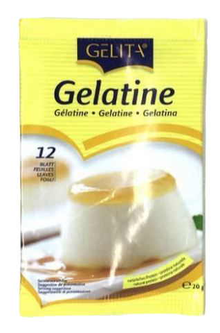 Gelita White Leaf Gelatine sheets for cooking and baking, shown in a close-up image of the transparent gelatine leaves on a white background.