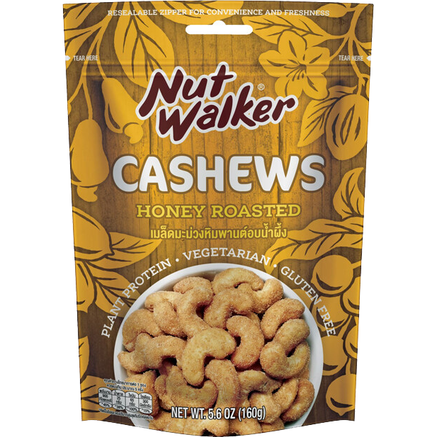 Nut Walker honey roasted cashew nuts in a bowl, showcasing glossy, golden-brown confectionery snack with crunchy texture.