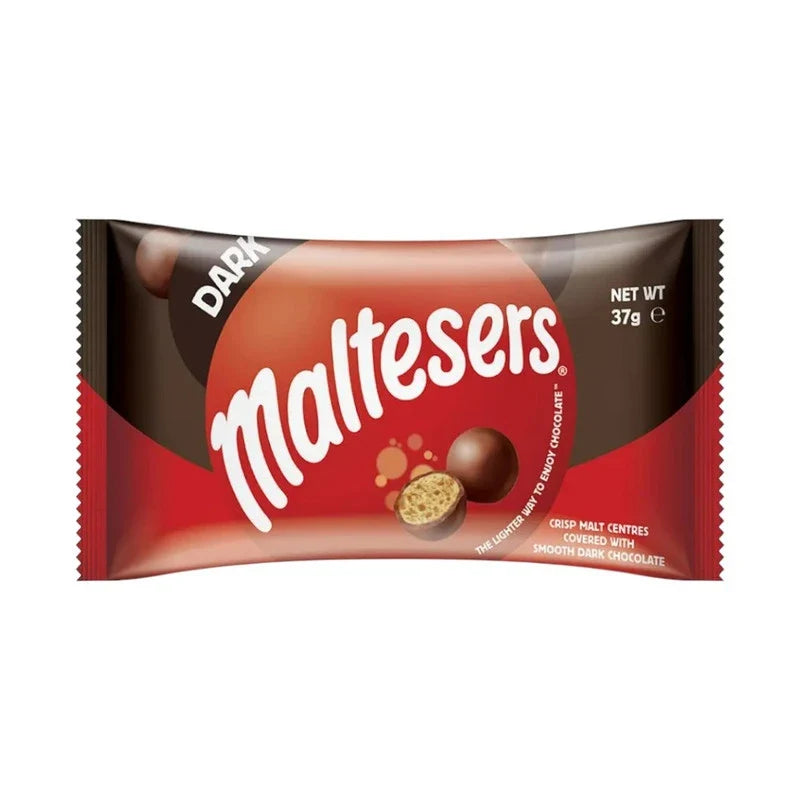 Maltesers Dark Chocolate snack box featuring crunchy malt balls coated in smooth dark chocolate, perfect for sweet cravings.