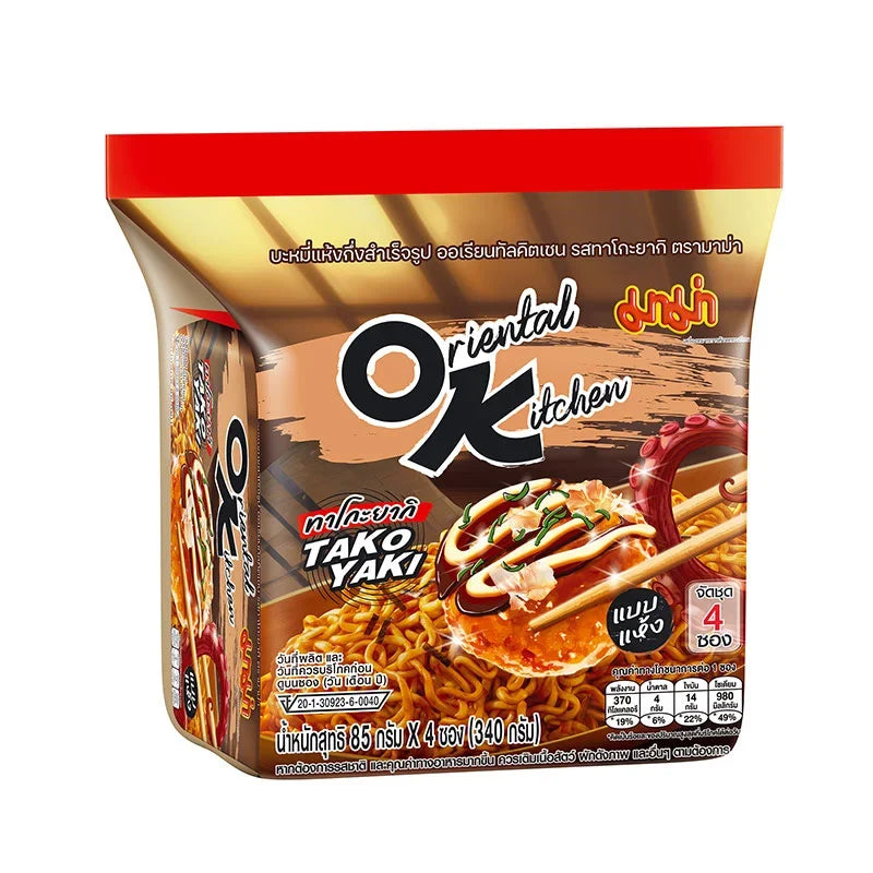 Mama Oriental Kitchen Instant Noodles Takoyaki 85g dry grocery package with colorful packaging and product branding.