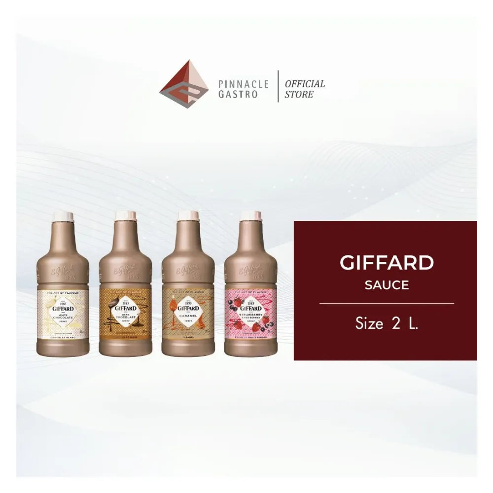 Giffard Caramel Sauce 2L bottle shown, ideal for desserts and baking, in a clear plastic container with a caramel-colored liquid.